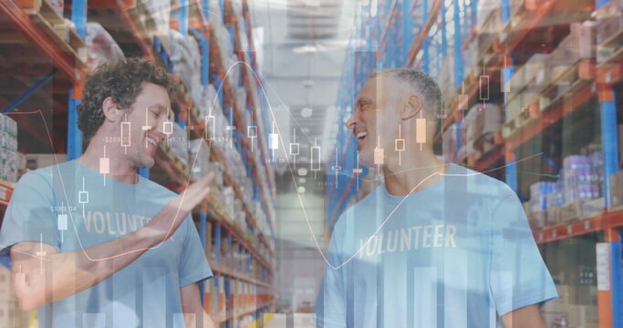 Statistical data processing over two caucasian male volunteers high fiving each other at warehouse
