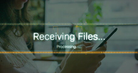 Image of data processing over biracial businesswoman using smartphone
