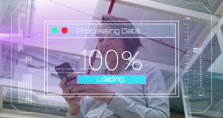 Image of data processing over biracial businesswoman using smartphone