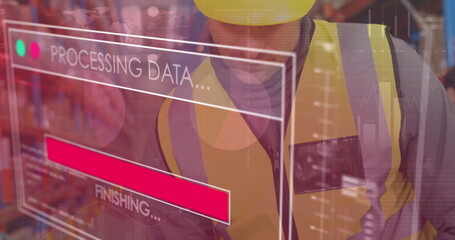 Image of data processing over caucasian male worker in warehouse