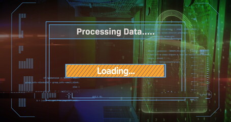 Image of data processing and padlock icon over server room