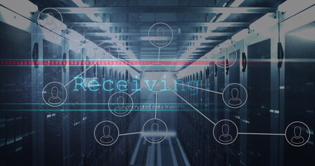 Image of data processing and network of connections with icons over server room