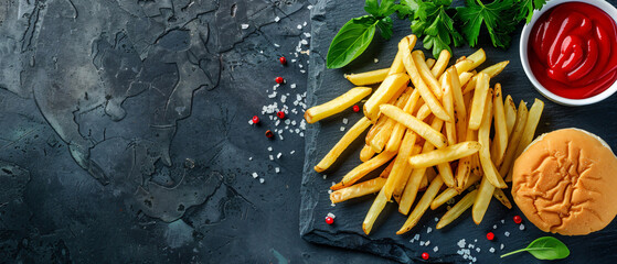 French fries chips on dark luxury stone table