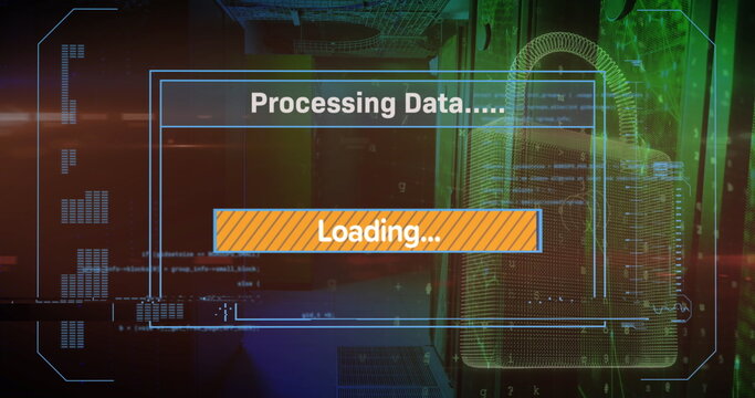 Image of data processing and padlock icon over server room