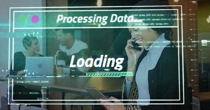 Image of data processing over biracial businesswoman using smartphone and tablet