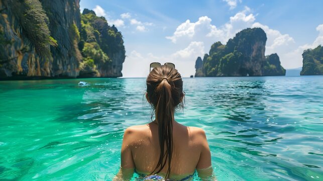 Young woman enjoying the beauty of a tropical island in Krabi, Thailand, A young woman swimming in clear sea water in a lagoon and looking at a beautiful landscape, Travelling tour