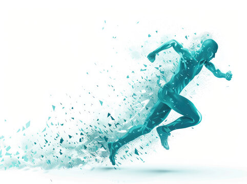 an illustration of a running athlete made from turquoise and beige particles on a white background