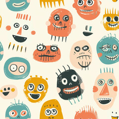 Seamless pattern with a variety of cheerful and colorful cartoon faces on an off-white background