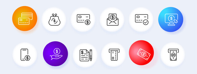 Banking icon set. Dollar, wallet, monitor, card, contract, agreement, ATM, currency. Neomorphism style. Vector line icon for business and advertising