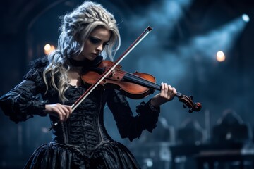 Fototapeta premium a gothic woman immerse the audience in a spellbinding fiddle musical performance, creating a visually striking and emotional experience 