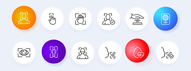 Biometrics icon set. Scanner, voice control, fingerprint, hand, smartphone, verification. Neomorphism style. Vector line icon for business and advertising