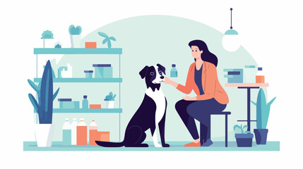 Vet clinic concept. Woman give drugs to dog