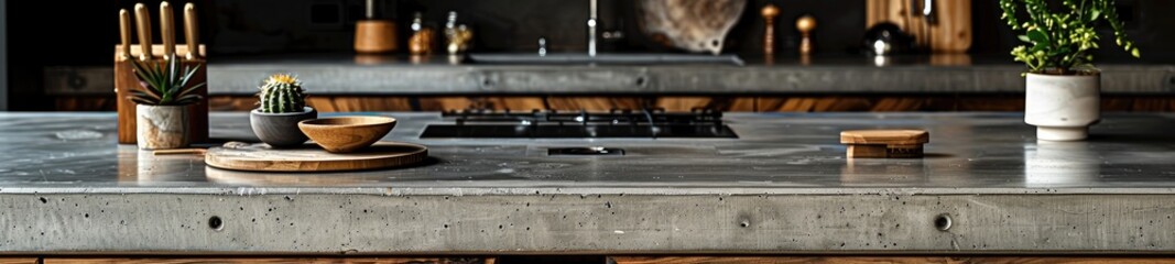 Fototapeta na wymiar Kitchen benchtop detail. concrete benchtop and timber drawers