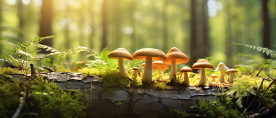 Fresh healthy mushroom in green sunny coniferous forest - obrazy, fototapety, plakaty