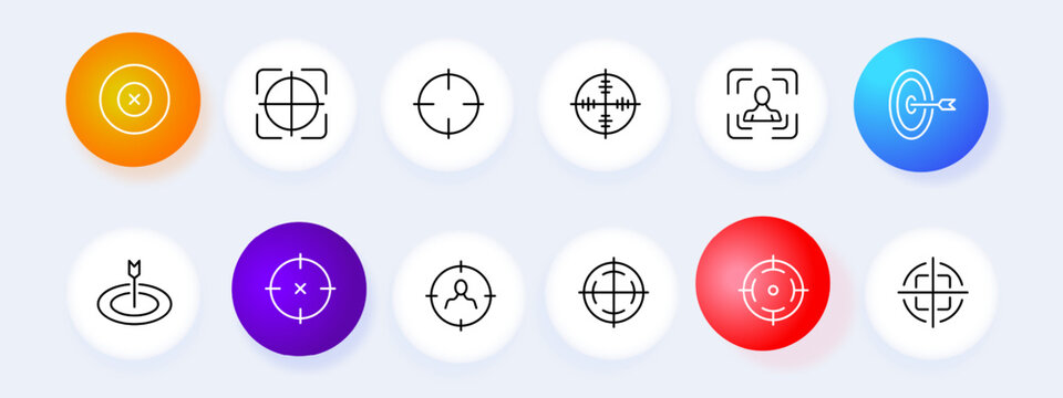 Sight icon set. Target, front sight, sniper, aim, optics, gun, shot, shooting, trigger, butt, bullet, rifle, pistol. Neomorphism style. Vector line icon for business and advertising
