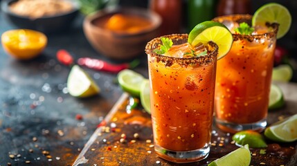 Spicy Michelada Cocktail with Beer, Tomato and Lime Juice. Michelagua Mocktail, Mexican Bloody Mary. Cinco de Mayo Celebration. Mexican Cuisine. AI Generated