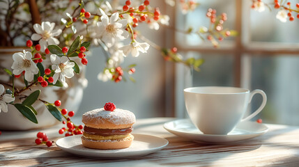 Cup of coffee and cake on the windowsill with spring flowers - Powered by Adobe