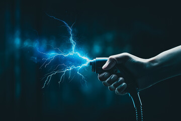 Hand holding EV plug charger with electricity lightning sparking in dark blue background.