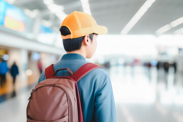 The back of teenage boy wearing yellow cap with backpack in terminal, traveling concept.