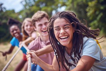 young people playing tug of war in the park. A multiracial group of people are having fun outdoors, happily laughing and cheerful while hanging out together on summer vacation at the playground - obrazy, fototapety, plakaty