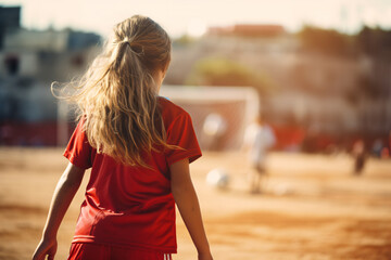 Back view of girl child playing soccer - obrazy, fototapety, plakaty