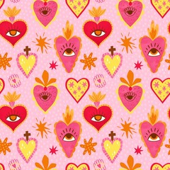Pink Mexican sacred heart seamless pattern, hand drawn cute hearts, eyes, stars, polka dot ornament - 757766533
