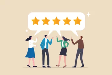 Fototapeten Customer loyalty, consumer satisfaction giving 5 stars rating feedback, best user experience or trust to use service again concept, various customer people giving 5 stars review for quality service. © Nuthawut