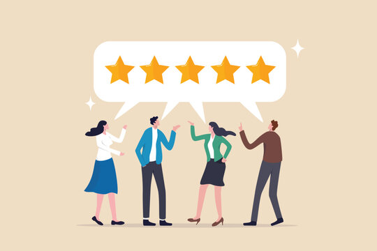 Customer loyalty, consumer satisfaction giving 5 stars rating feedback, best user experience or trust to use service again concept, various customer people giving 5 stars review for quality service.