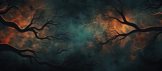 A natural landscape of a dark forest with leafless trees and a distant fire glowing in the midnight sky, creating an eerie yet artistic scene - obrazy, fototapety, plakaty