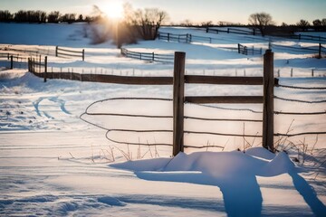 A heart-shaped shadow created by a rustic fence in a snowy field, highlighted by the warm light of a winter afternoon. 