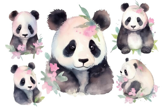 illustrations Cute Vector watercolor panda set