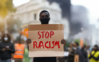 man holding stop racism sign amid protests