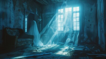 A ghostly figure in a Victorian mansion, Horror Halloween background