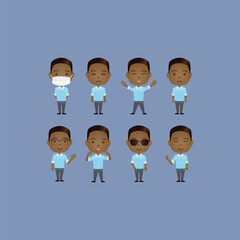 Set of cute African American cartoon characters with various movements and emotional expression
