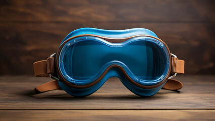 blue swimming goggle isolated on brown wood chair.generative.ai - obrazy, fototapety, plakaty