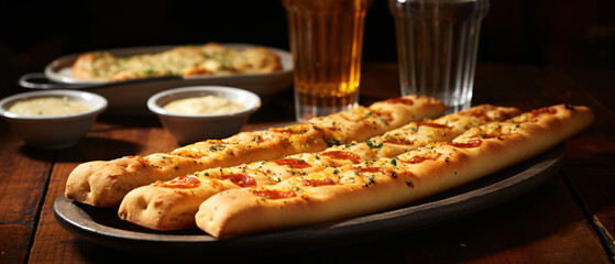 Garlic butter breadsticks with soda and pizza in background