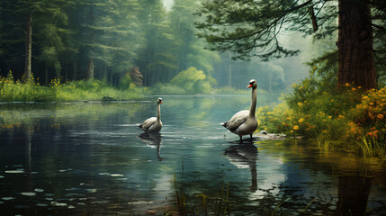 Geese at the green lake .. - obrazy, fototapety, plakaty