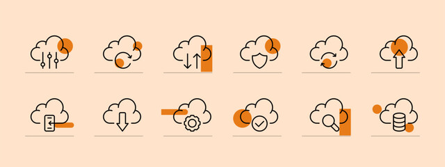 Cloud saving icon set. Transfer, data, sending, storage, information, smartphone. Pastel color background. Vector line icon for business and advertising