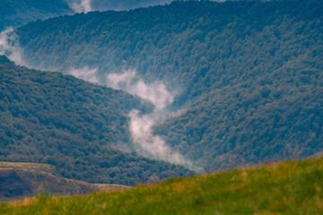Long focus picture of rolling hiils are covered with deciduous forest. Picturesque summer view of...