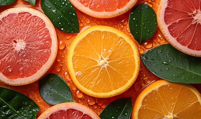 Colorful and juicy slices of citrus fruits, oranges and grapefruits.