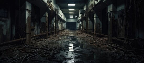 A dimly lit hallway in a city building with a water puddle in the center, creating a sense of eerie...