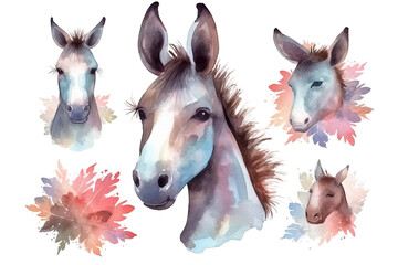 watercolor set Cute donkey Vector illustrations