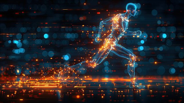 Concept of technology, bones and body movement for medical treatment of joints Graphic of a person with an x-ray interface