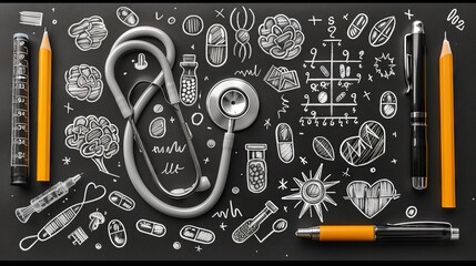 Stethoscope placed on a chalkboard and with a chalk drawing