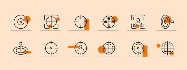 Sight icon set. Collimator, military technology, killer, mercenary, military conflict. Pastel color background. Vector line icon for business and advertising