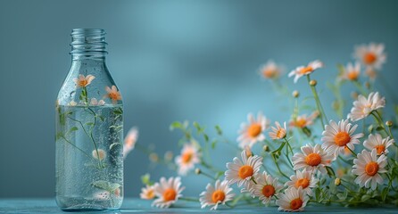 Tranquil backdrop showcases eco-friendly ethos with glass bottle, water, and daisies evoking sustainability