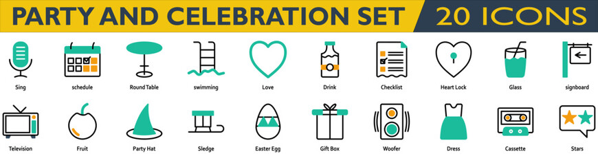 Party and celebration icon set. Containing sing,schedule,round table,swimming,love,drink,checklist,heart lock,glass,signboard,television,fruit,party hat,sledge,easter egg. mixed color style collection