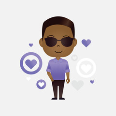 Cute African American cartoon man with heart symbol on isolated background
