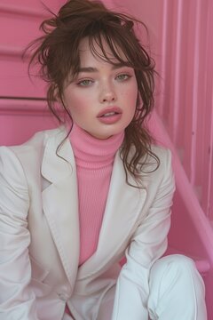 beauty model elegantly poses in a pink turtleneck sweater and white suit on a pink staircase