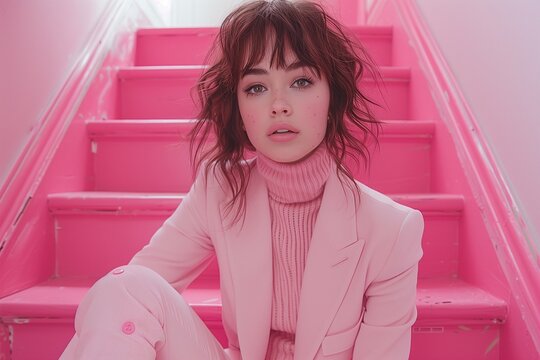 beauty model elegantly poses in a pink turtleneck sweater and white suit on a pink staircase